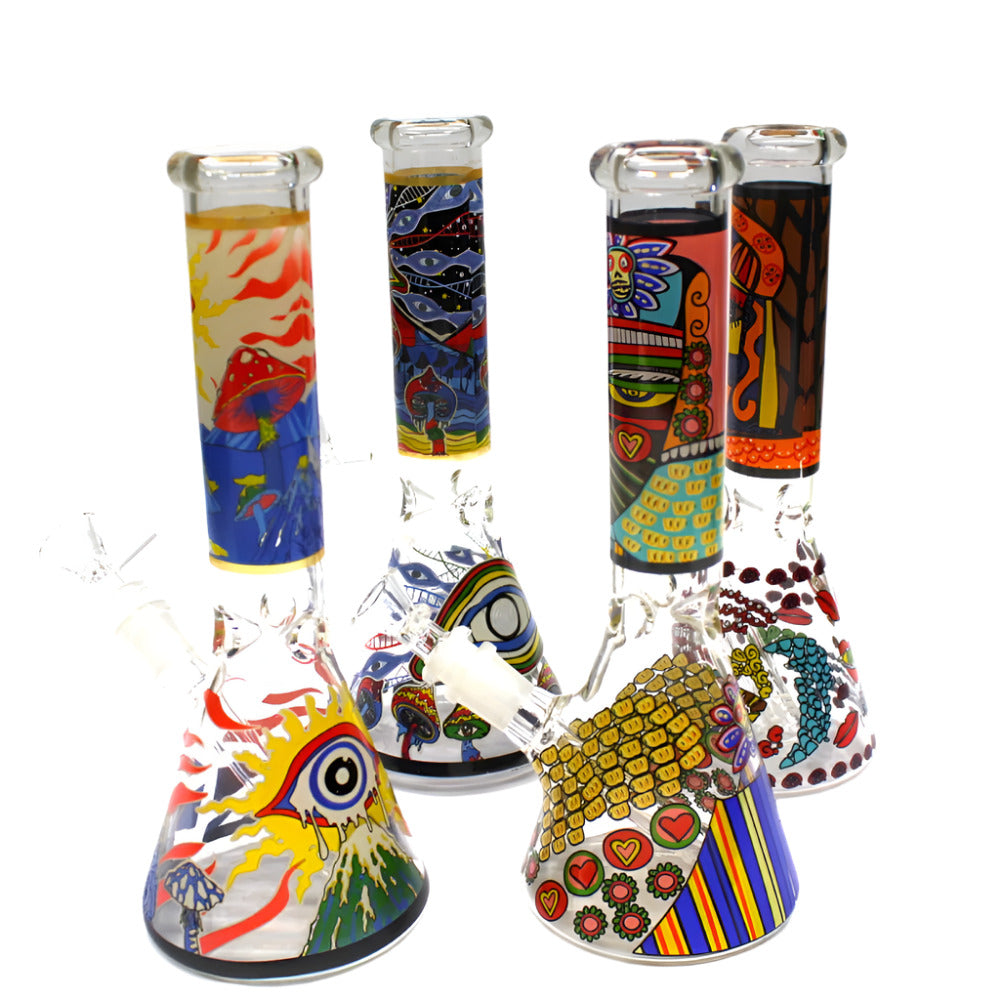 10-inch beaker water pipe with colorful decal eye design and 14mm male glass-on-glass bowl