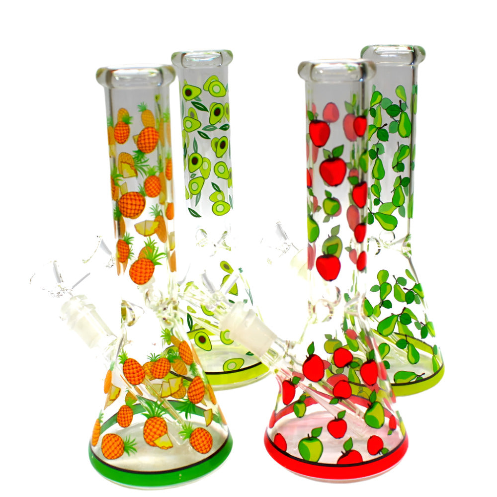 10-inch beaker water pipe with decal art fruit design and 14mm male glass-on-glass bowl