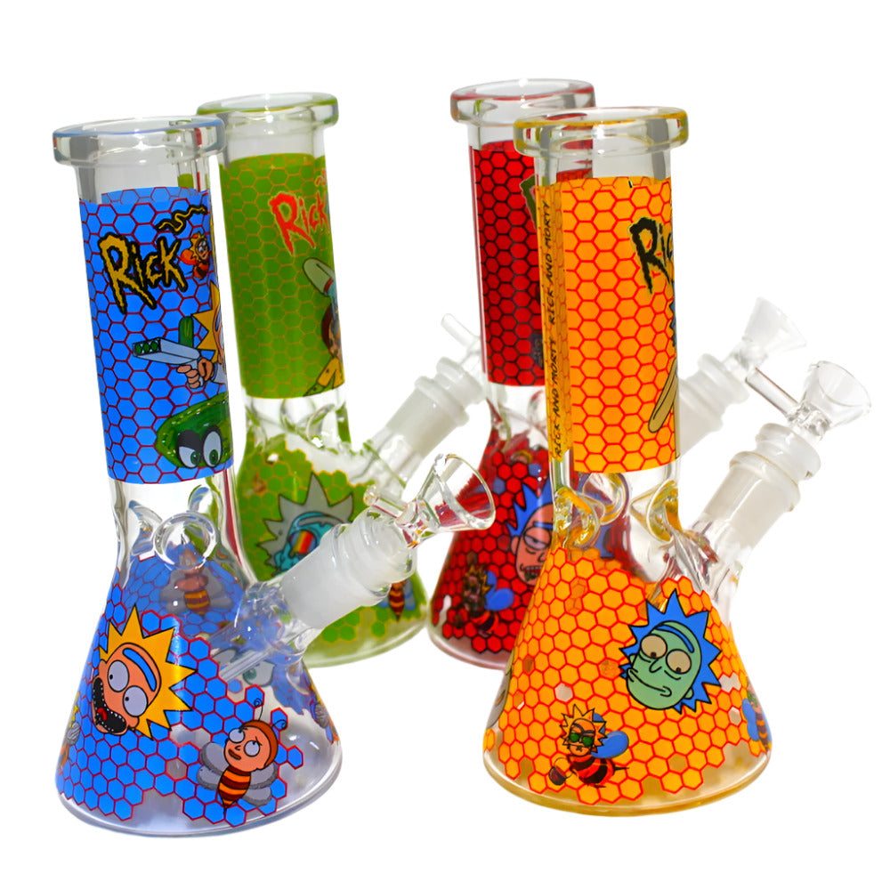 10-inch beaker water pipe with colorful decal design and 14mm male glass-on-glass bowl