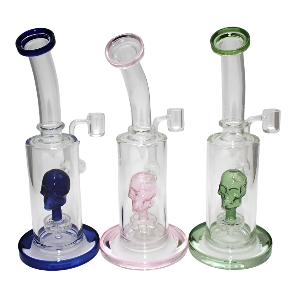10-inch flat bottom water pipe with skull percolator and 14mm male banger