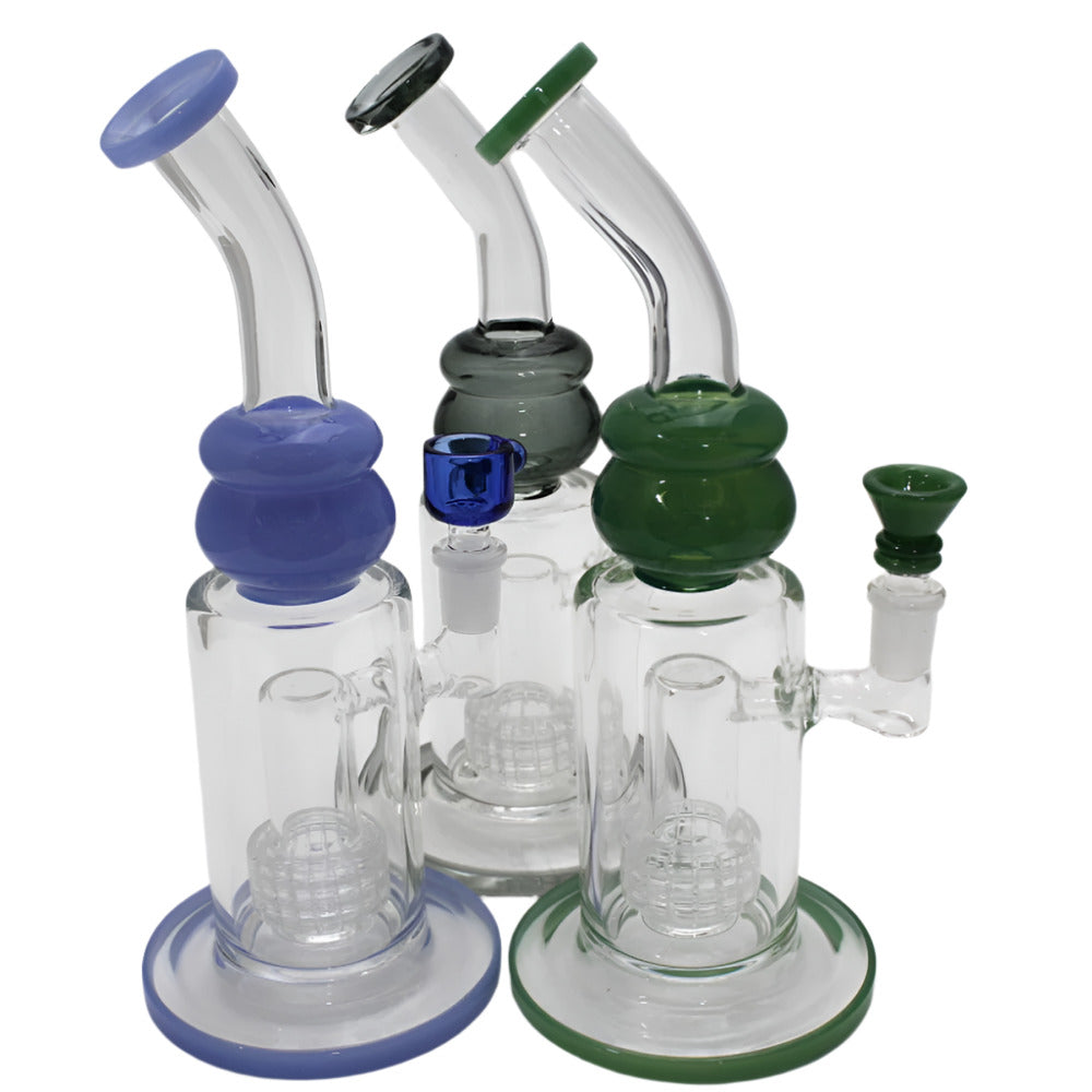 Colorful 10'' curved glass water pipe with flat base and 14mm bowl