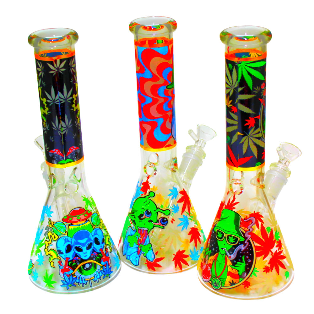 Glow-in-the-dark 10'' beaker bong with decal artwork and glass-on-glass joint