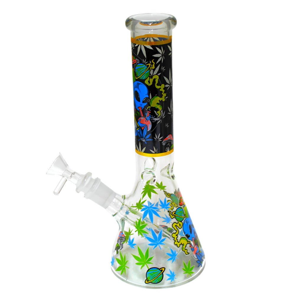 10'' Glow In The Dark Beaker Decal Design Water Pipe With 14 MM Male Bowl Glass On Glass