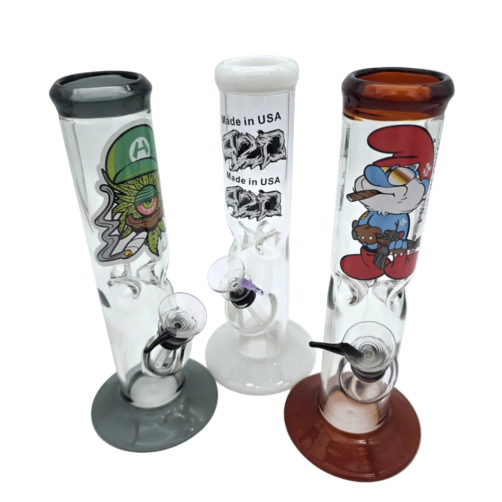 10 inch flat bottom tube straight water pipe with color sticker