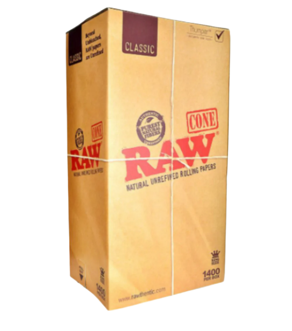 RAW Classic King Size 1400 pre-rolled cones made from natural unbleached paper for slow burning, easy filling, and a smooth consistent smoking experience.