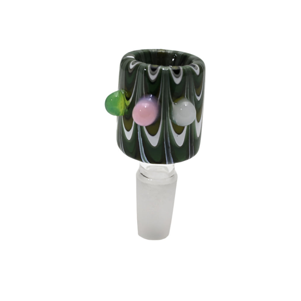 Bubble style glass bowl 14MM male glass on glass with artistic 3 dot design.