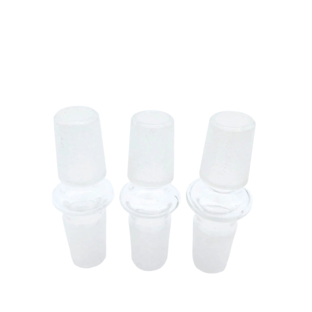 18mm male to male glass adapter connector for water pipes, durable construction designed for secure fitting and smooth airflow between compatible glass joints.