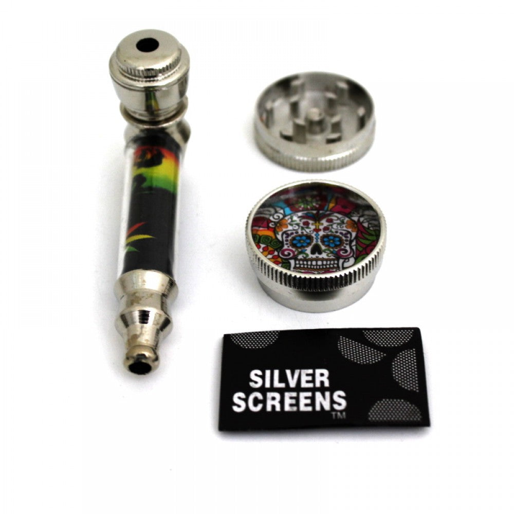 Durable metal pipe combo set with 2 part decal grinder and screen, compact design, strong build, and smooth airflow performance.