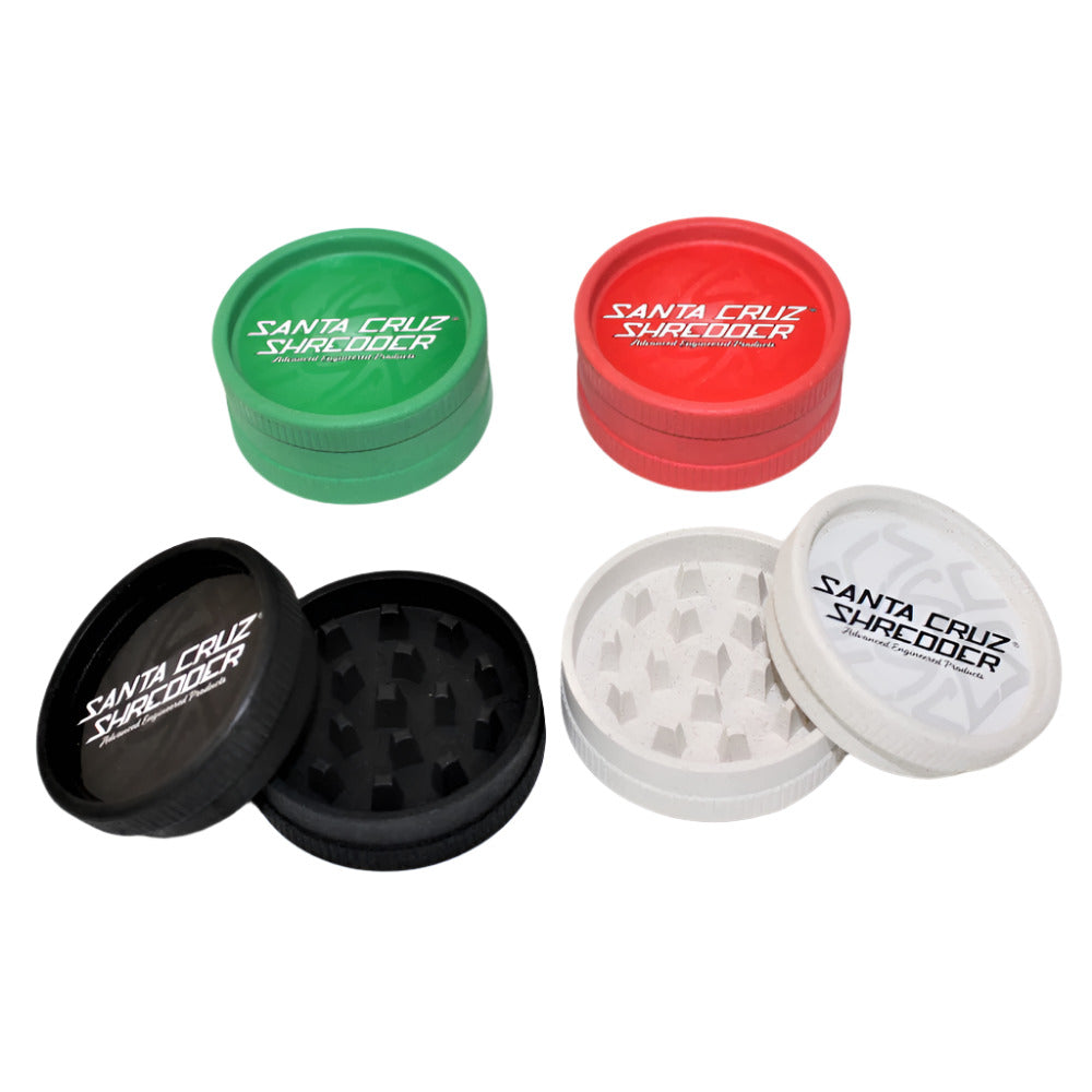 2 Part Santa Cruz Shredder style hemp grinder with eco-friendly material, sharp teeth, and compact durable design for smooth grinding use.