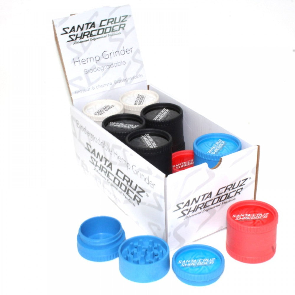 3 Part Santa Cruz Shredder style hemp grinder medium size with sharp teeth, durable eco material, and 16 pieces per display pack for wholesale use.
