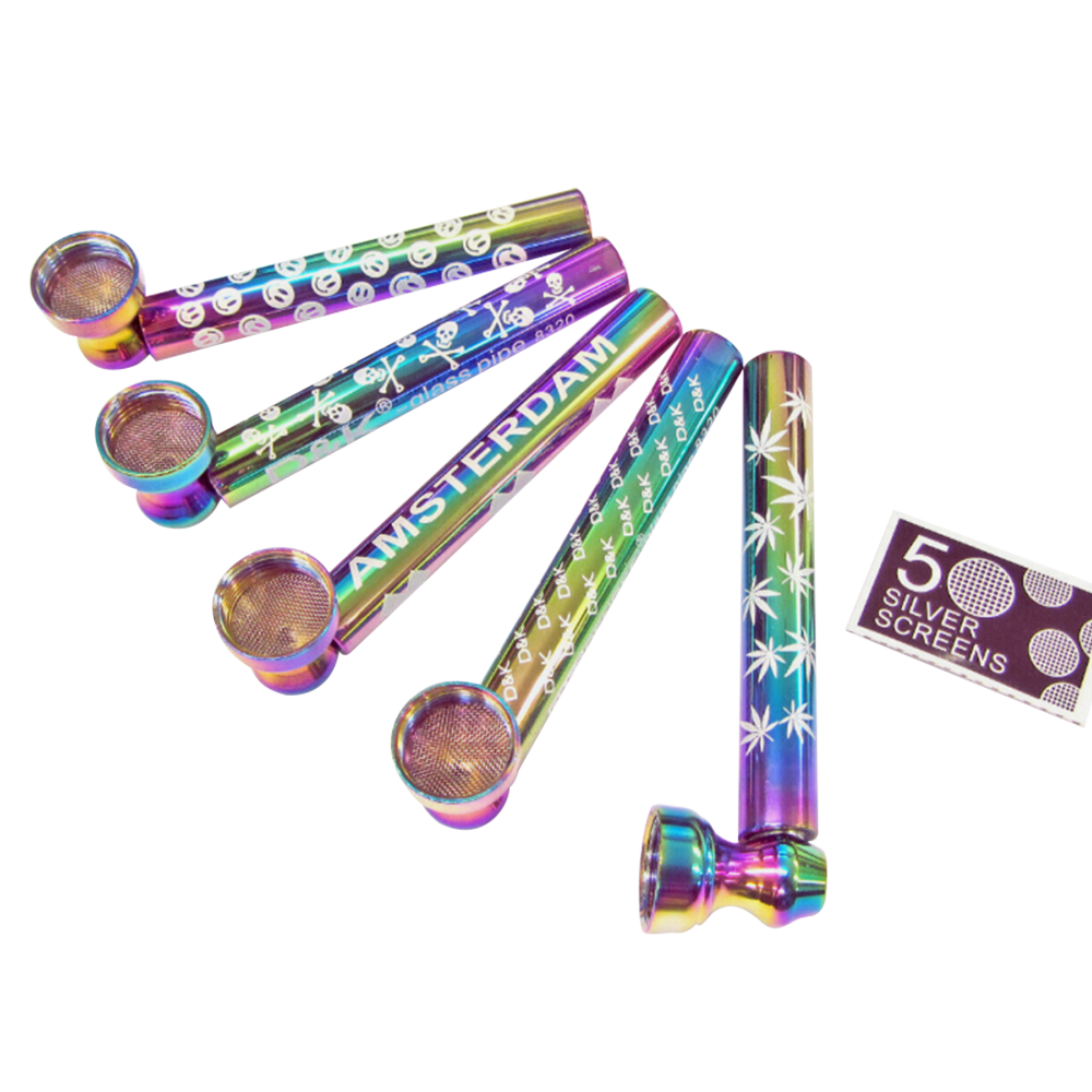 3" Fancy Print Rainbow Color Glass Pipe wit Metal Bowl & Screen
