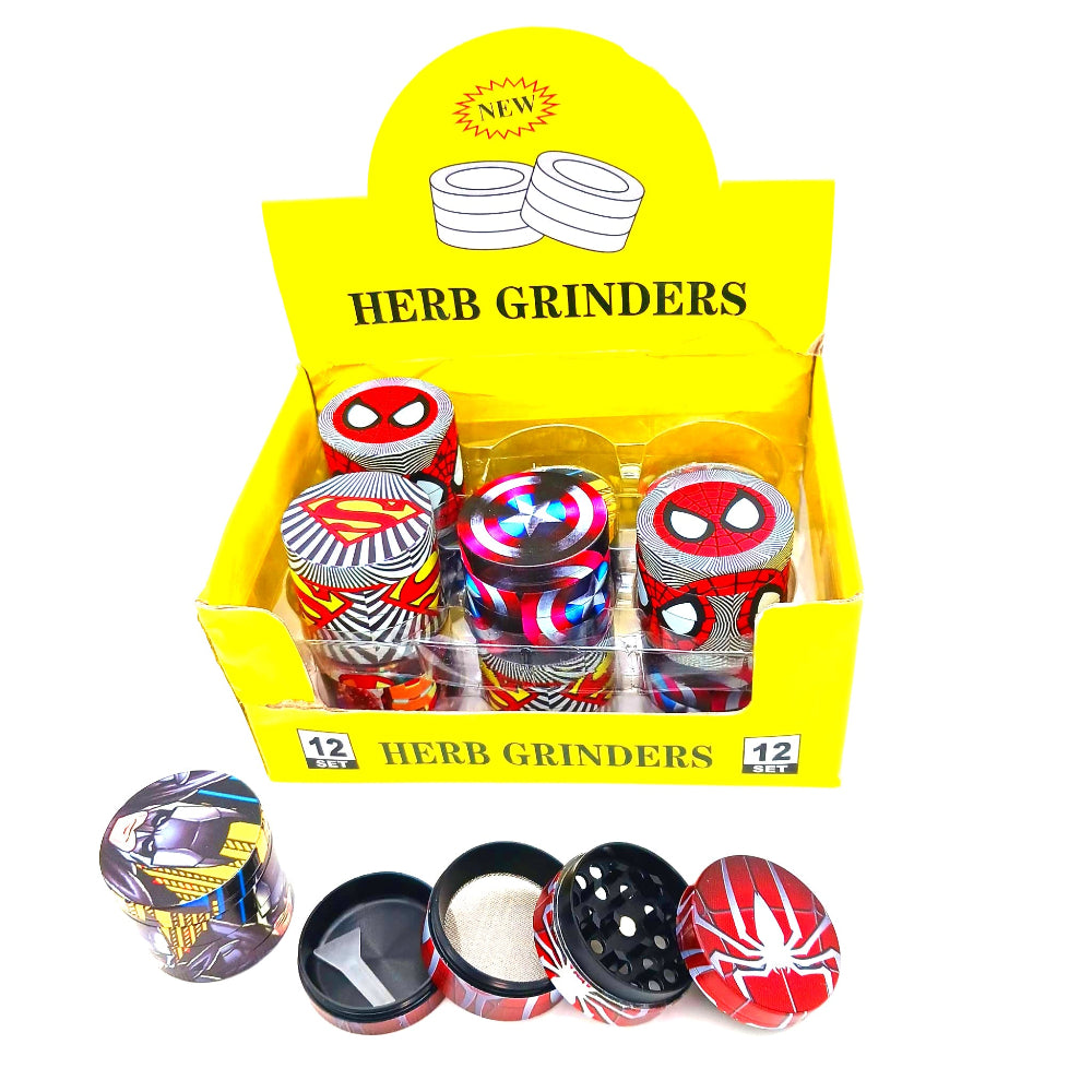 Durable 4-part 40mm decal herb grinder with sharp teeth for fine grinding, multi-chamber design for pollen collection, and a stylish printed exterior finish.