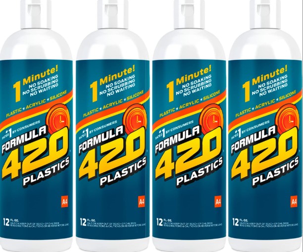 420 Plastic Acrylic Cleaner 12 oz bottle powerful cleaning solution for removing resin stains and buildup restoring clarity on plastic and acrylic surfaces.