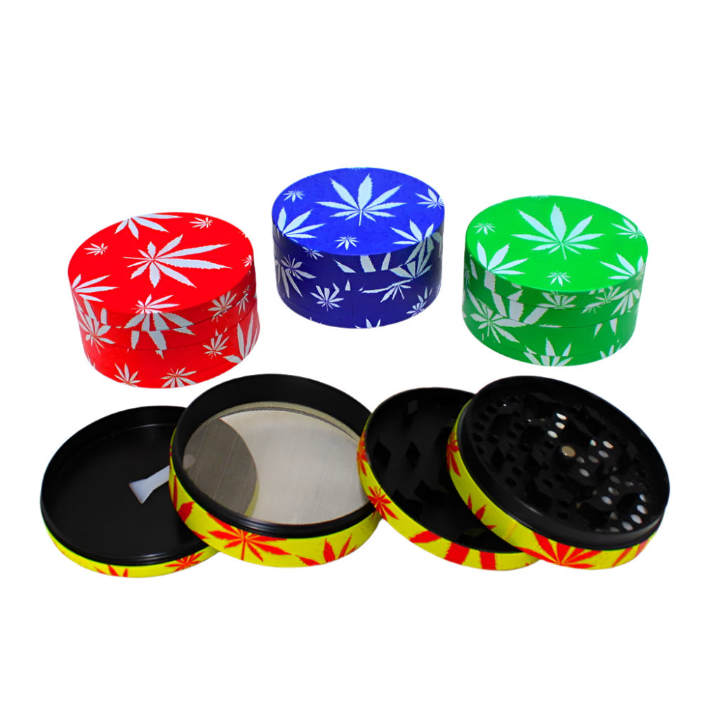 Four-piece 80mm grinder featuring custom decal artwork