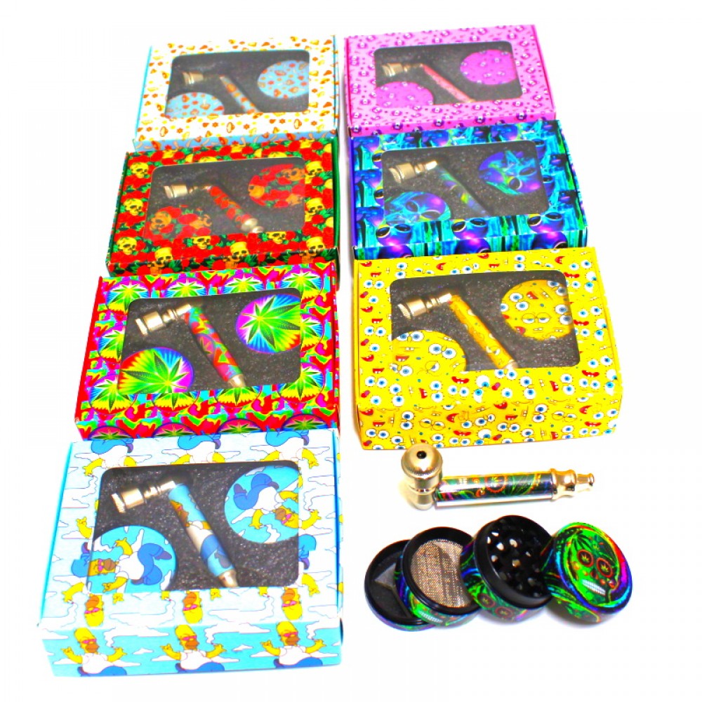 4 Part Decal Grinder And 3'' Decal Metal Hand Pipe With Lid