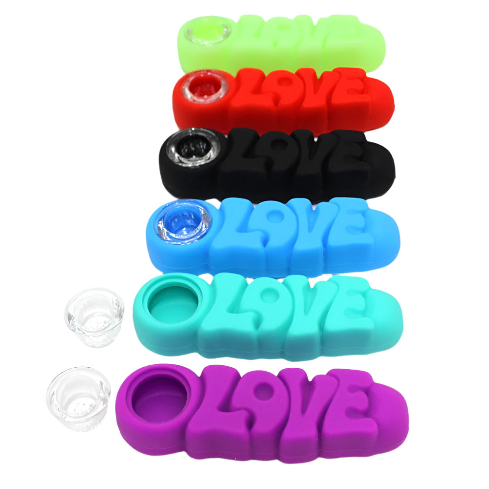 4-inch silicone hand pipe in assorted colors with love-themed design and glass bowl
