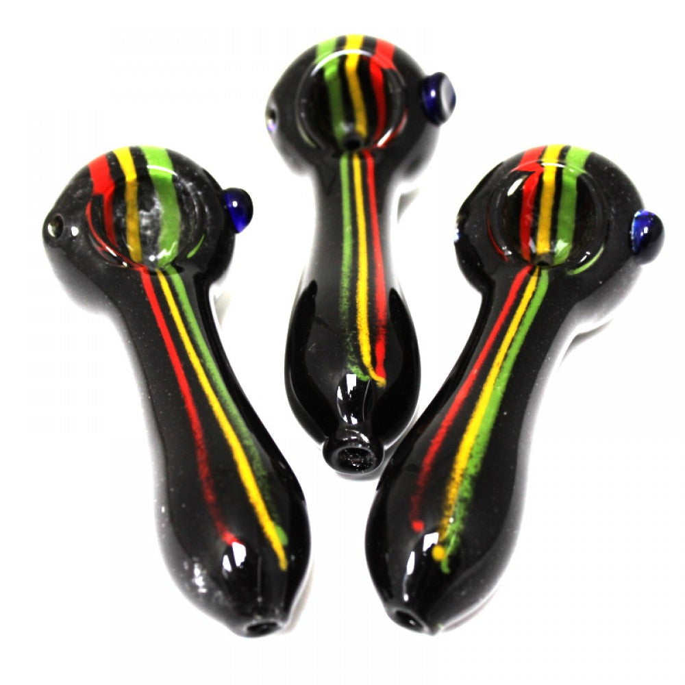 4'' heavy glass hand pipe in black with Rasta-themed color head