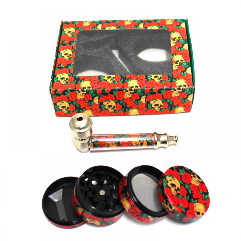4-part decal grinder combo with metal hand pipe and lid, strong durable build, sharp grinding teeth, and smooth performance for herbs and spices.