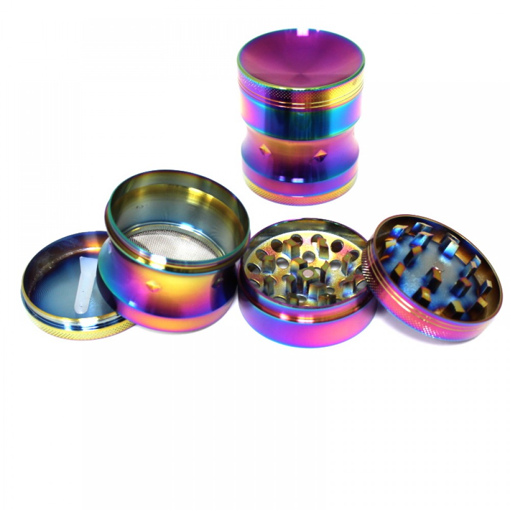 53mm 4-part rainbow color grinder with new design, durable metal body, sharp teeth, and smooth grinding performance for herbs and spices.