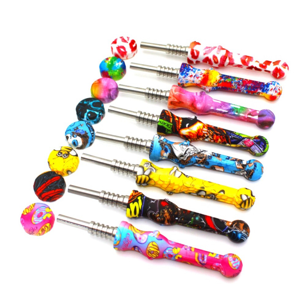 5'' Silicone Printed Color Straw Kit with Ceramic Nail 14 MM