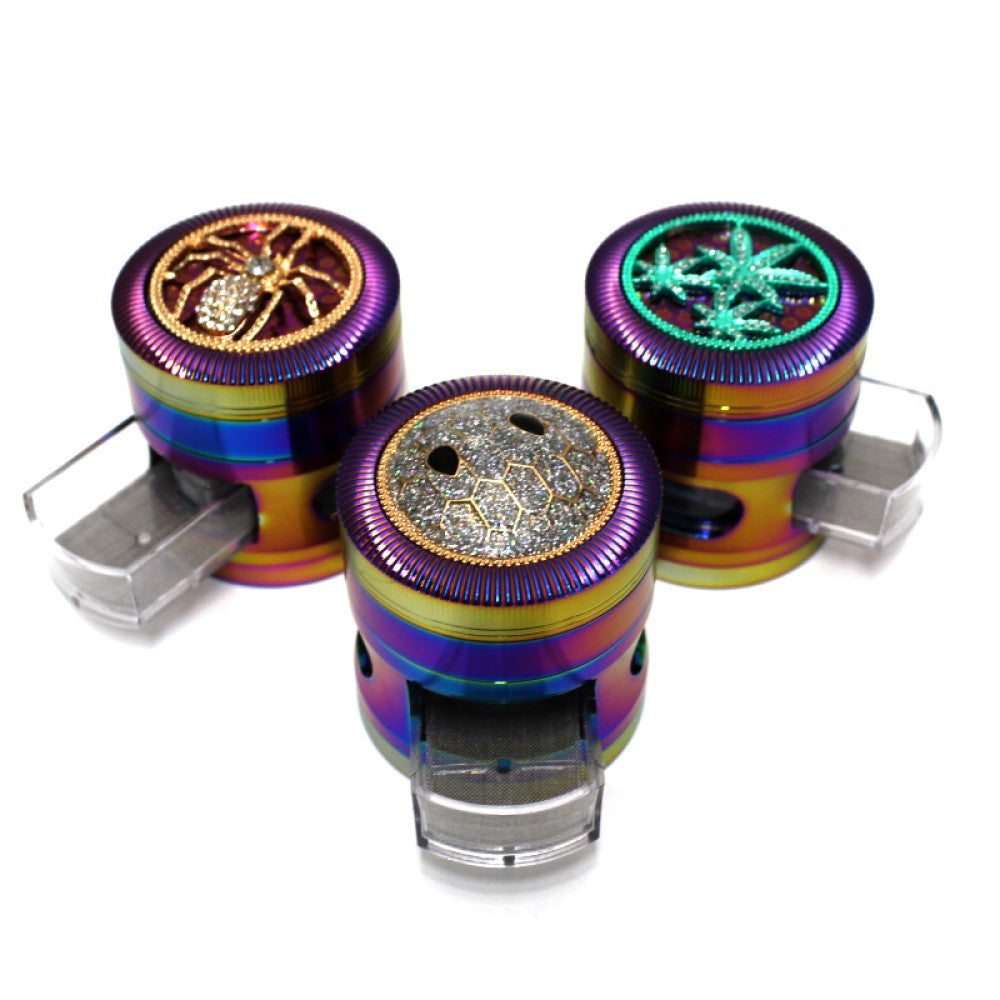 63MM heavy duty 4 layer metal grinder with rainbow top design, built-in drawer, pollen screen, and strong sharp teeth for efficient grinding.