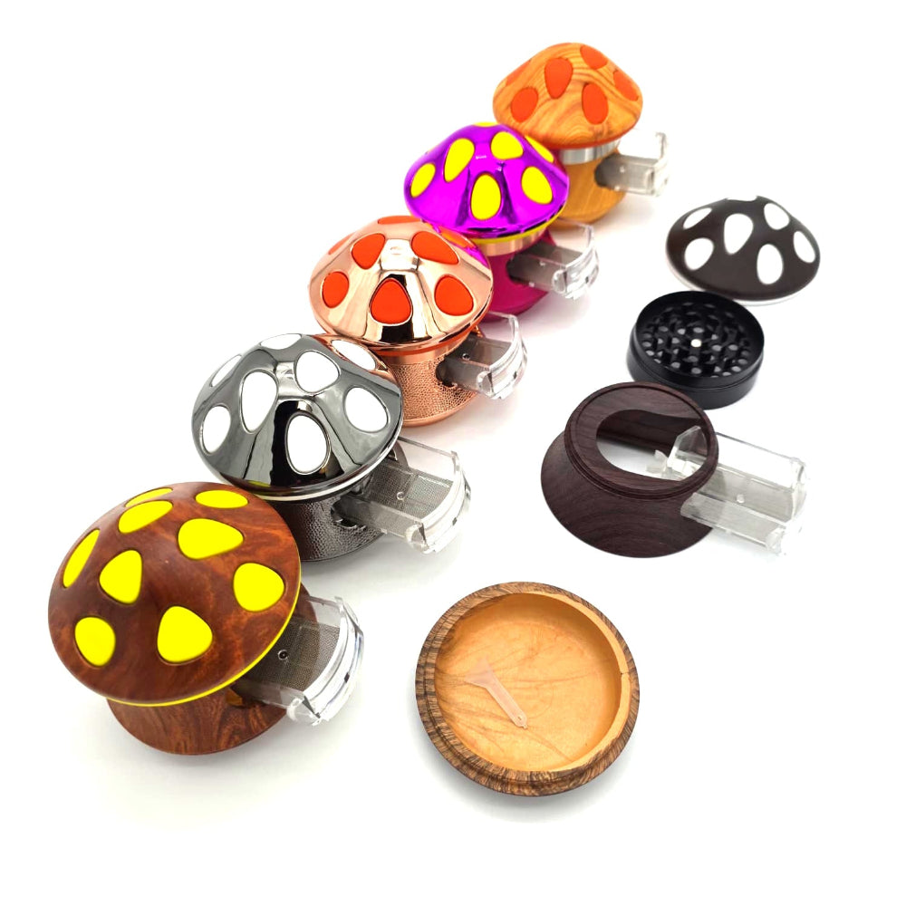 63mm 4 part mushroom design grinder in assorted colors, durable metal build with sharp teeth for smooth, efficient grinding of herbs and materials.