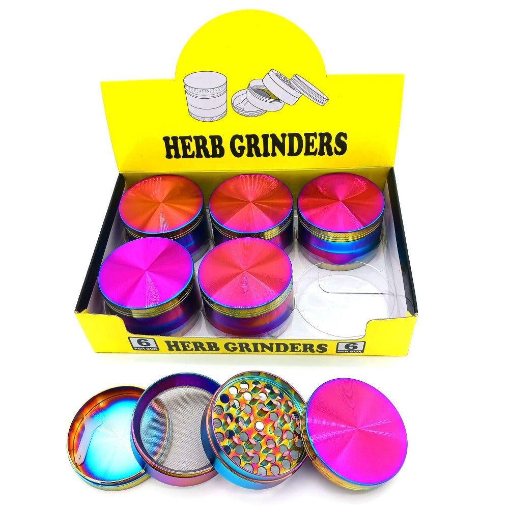 63mm 4 part rainbow heavy duty metal grinder with sharp teeth, multi-chamber design, and durable construction for smooth and efficient grinding performance.