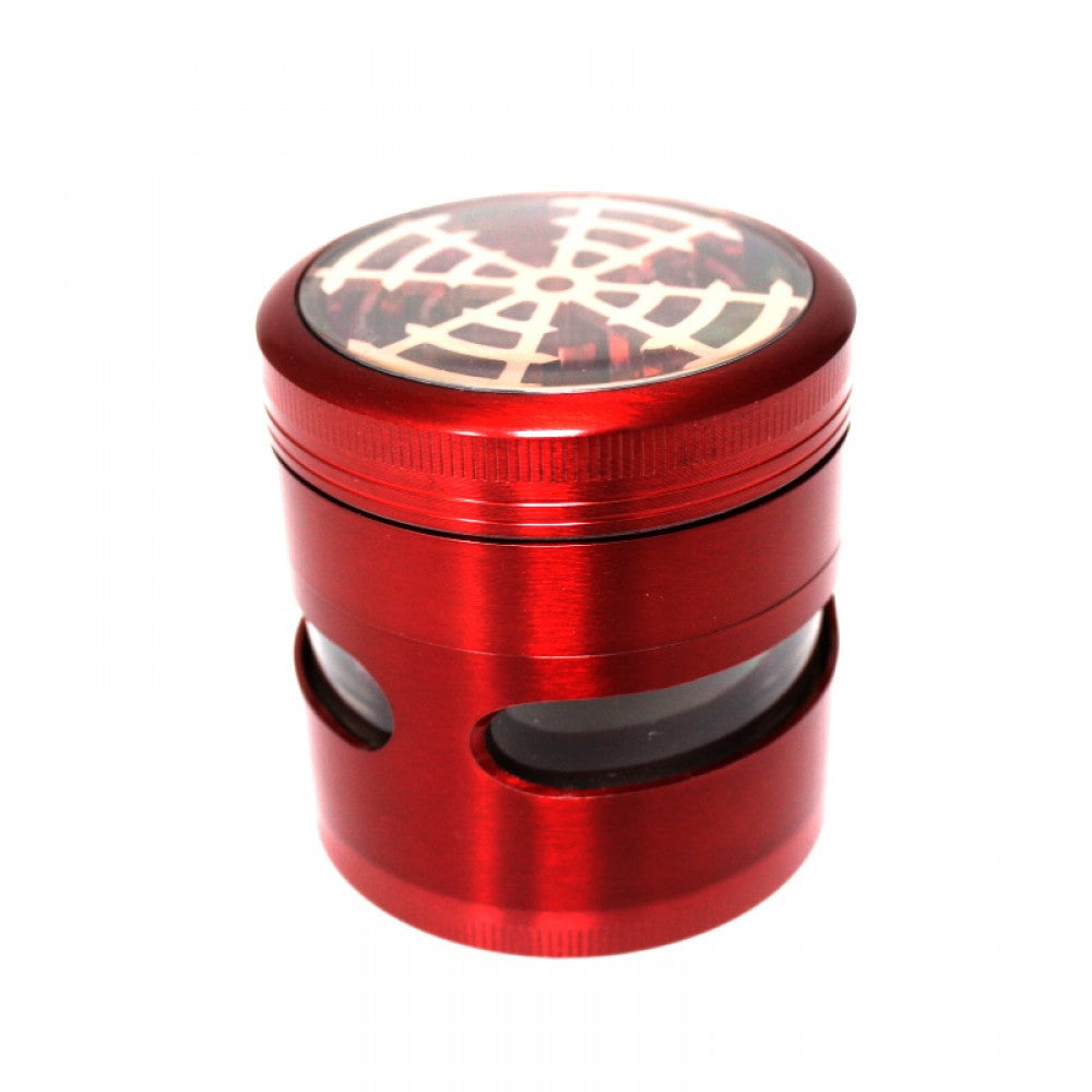 63MM 4 Part Window Design Grinder with assorted colors, clear top window, pollen screen, and strong metal body for efficient grinding performance.