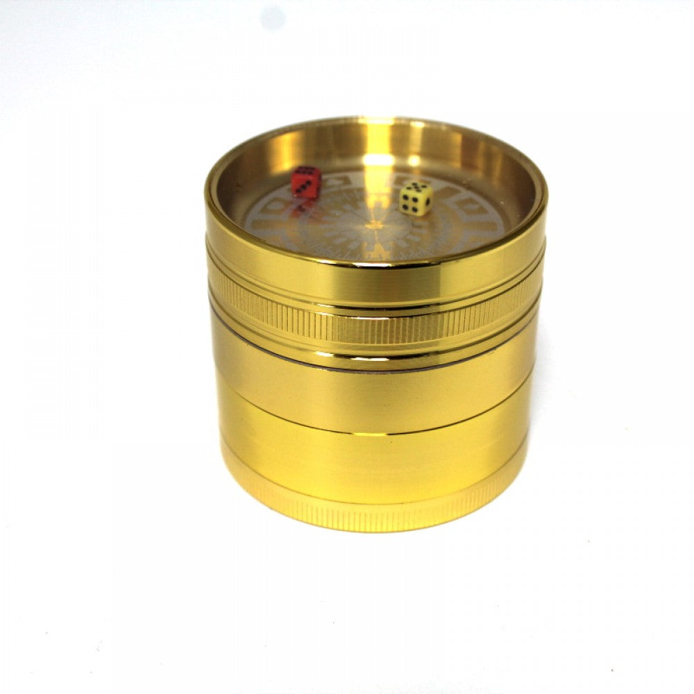 63MM 4 Part Zinc Grinder with built-in dice design, assorted colors, pollen screen, and strong metal build for efficient grinding use.