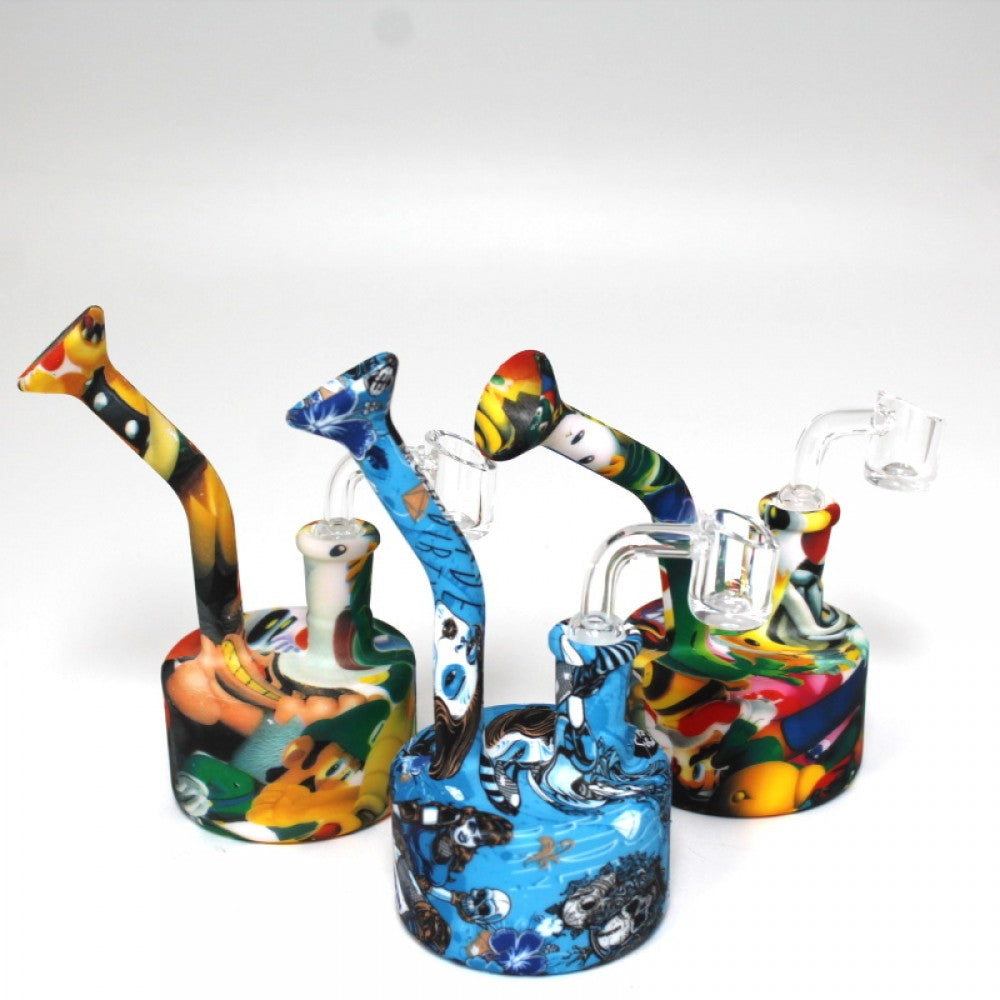 6'' Silicone Printed Color Round Base Design Dab Rig Water Pipe with Banger