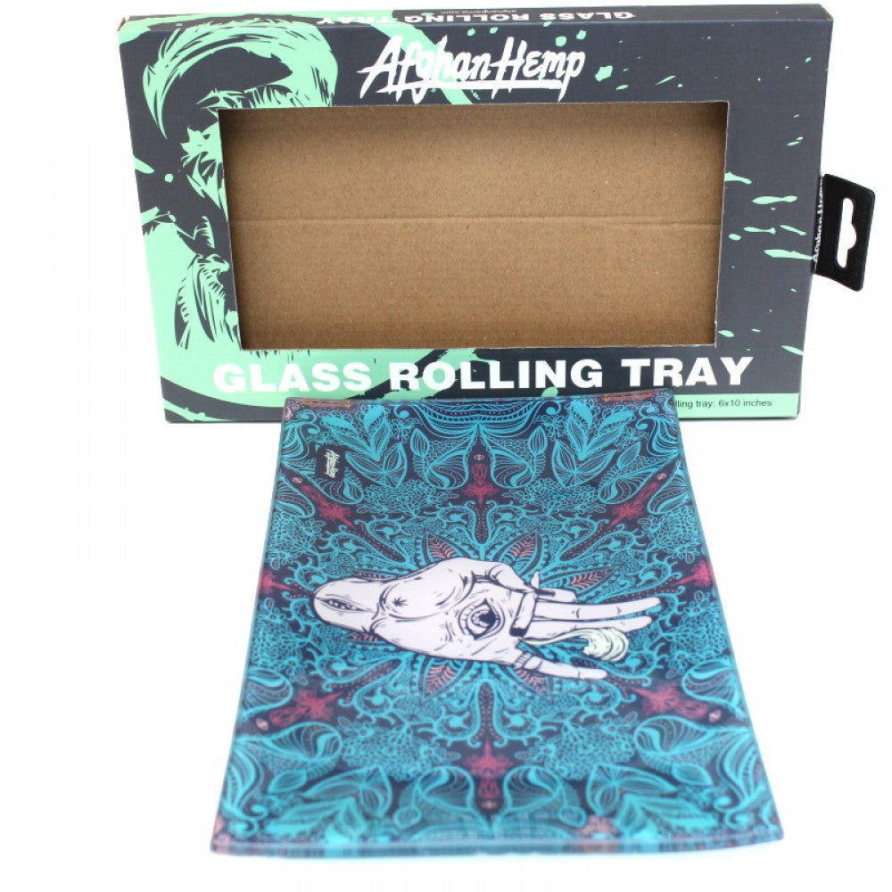 6 x 10 inch Afghan hemp glass rolling tray with heavy duty tempered glass, smooth polished surface, and stylish printed design for daily use.