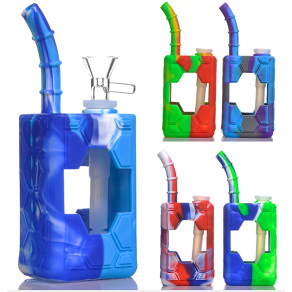 7" Silicone Glass Square Water Pipe with 14mm Male Bowl