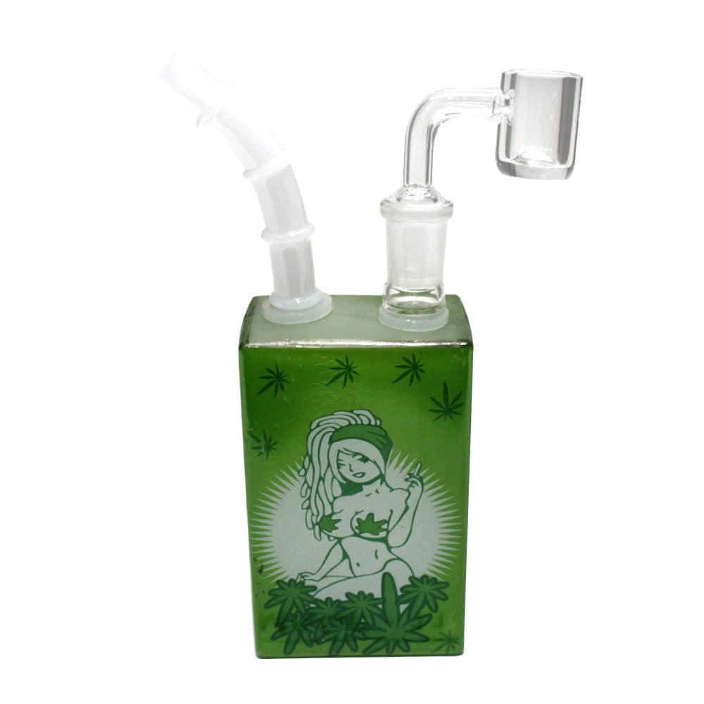 Halloween themed decal dab rig glass water pipe with 14mm male banger featuring decorative spooky artwork durable glass build and smooth water filtration for clean vapor performance