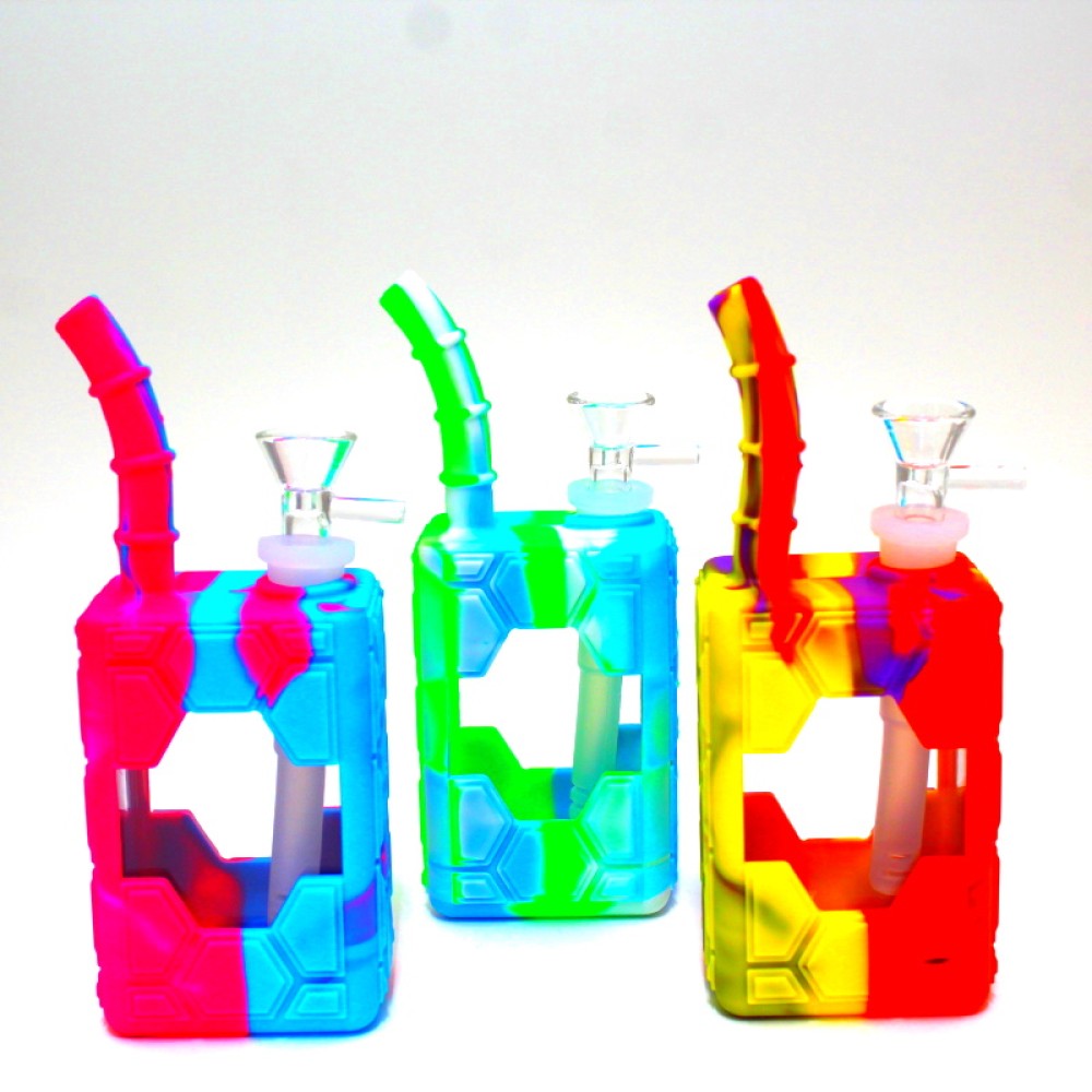 7" Silicone Glass Square Water Pipe with 14mm Male Bowl