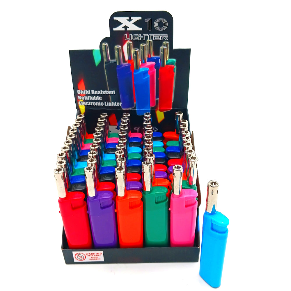 80-93E X10 extended refillable lighter 50 count display pack with wind resistant flame, durable body, and reliable ignition for indoor and outdoor use.