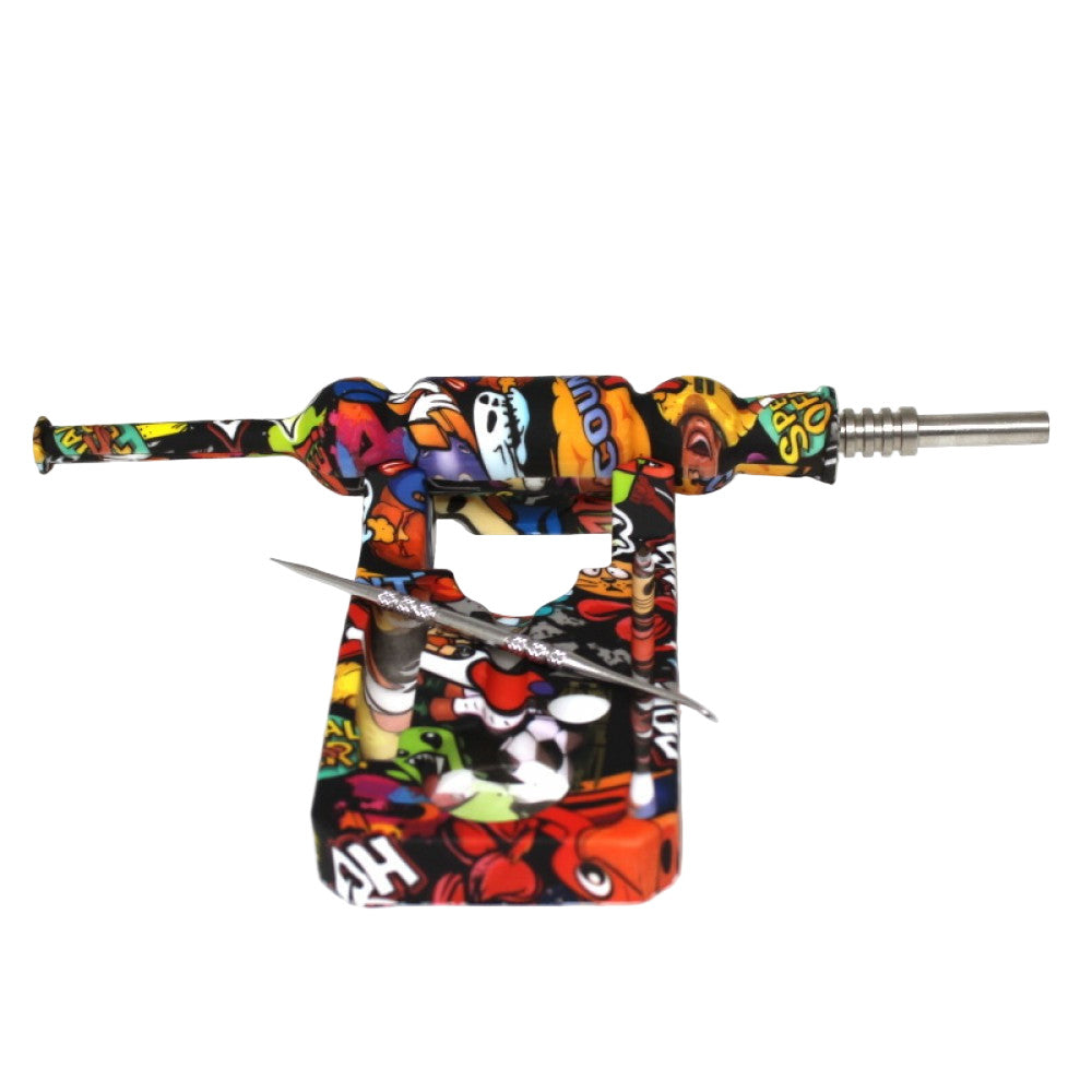 8'' Silicone Printed Color Nectar Kit With Titanium Nail 14 MM & Metal Dabber