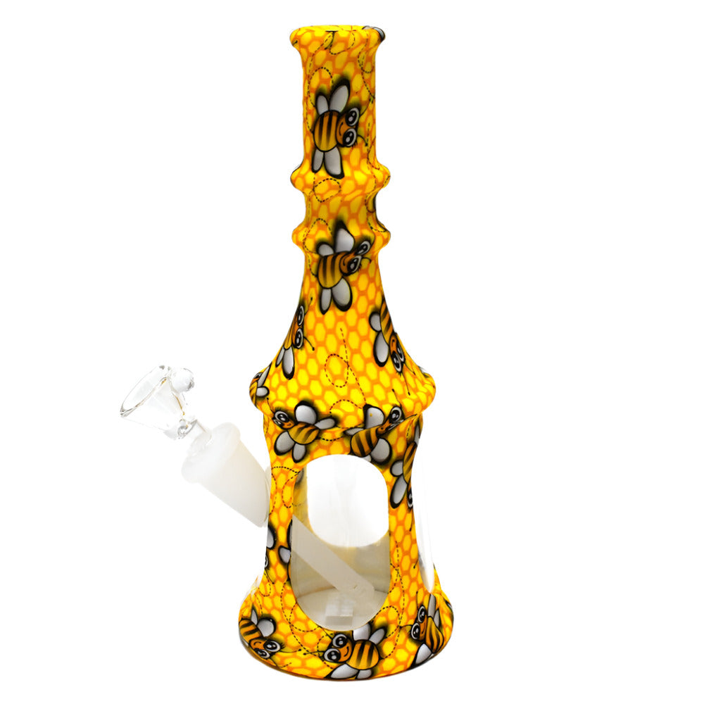 8" Silicone Printed Color with Glass Tower Water Pipe