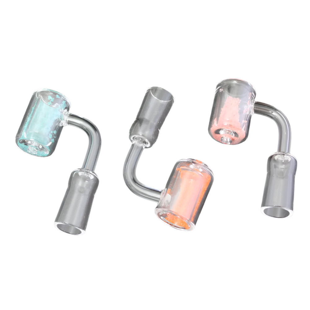90 degree colored sand quartz banger 14MM female made from heat resistant glass for smooth airflow and even heating.
