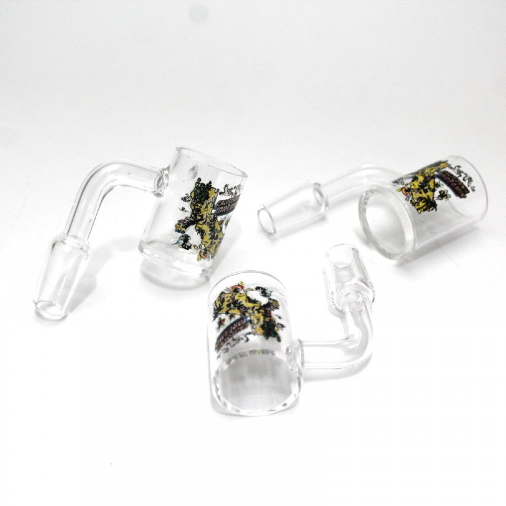 90 degree sticker design bucket quartz banger 14MM male with durable heat resistant glass and smooth vapor performance.