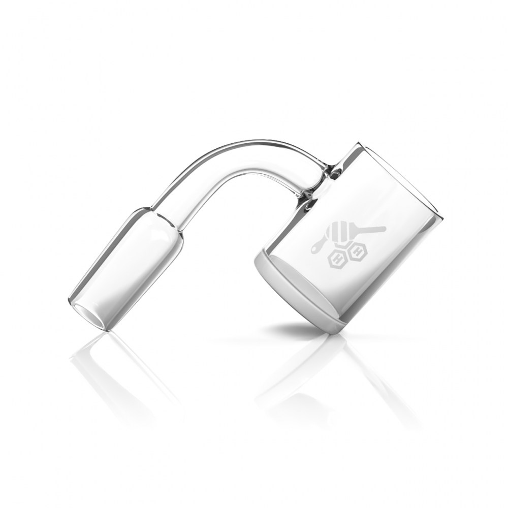 Bucket style quartz banger with white finish and 14MM male joint designed for even heating and performance.
