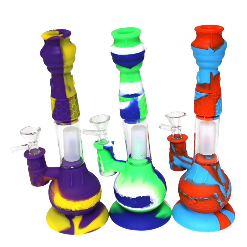 9'' Silicone Round Base with Glass Water Pipe with Bowl