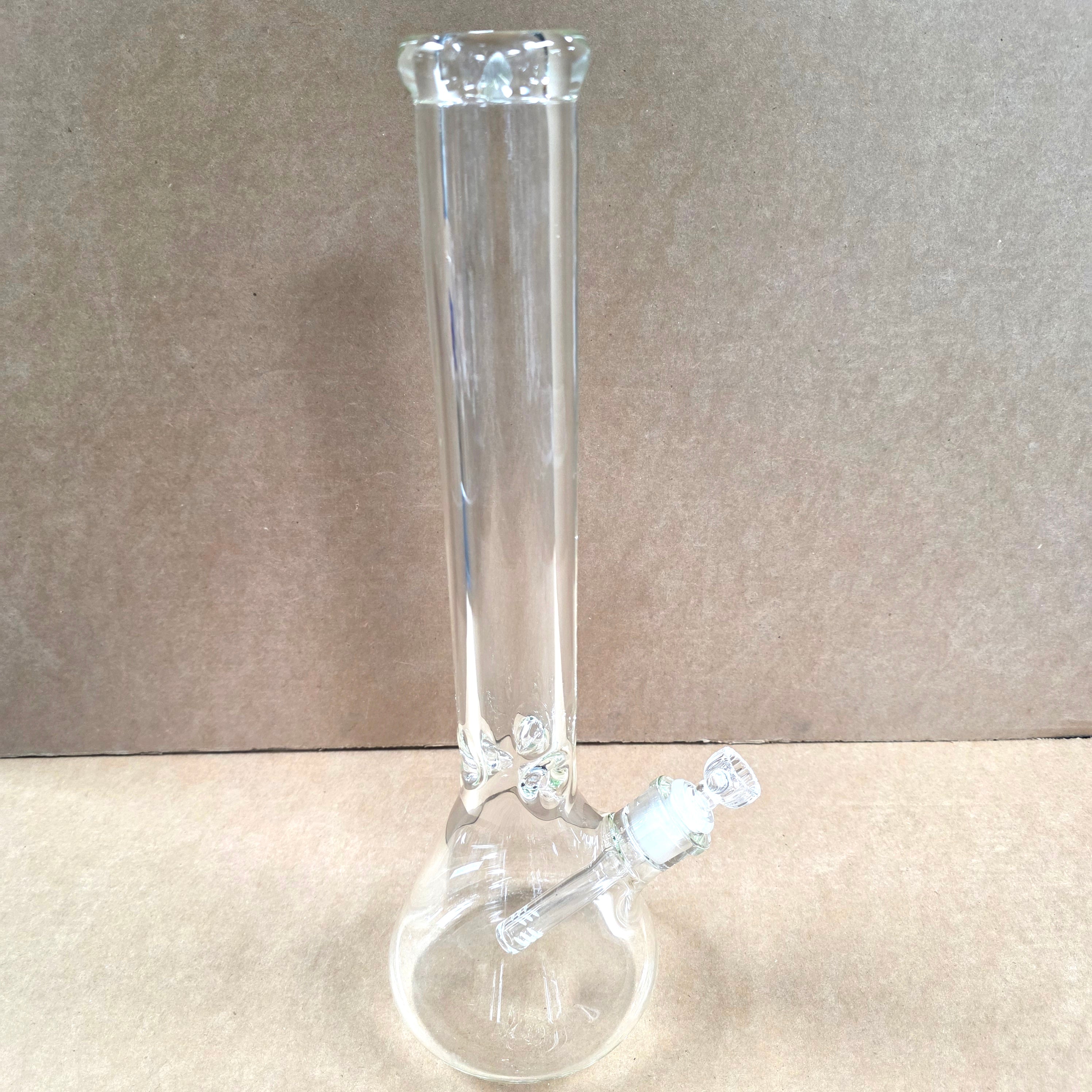 9mm clear beaker water pipe with thick glass construction and stable base for smooth water filtration and clean smoking experience.