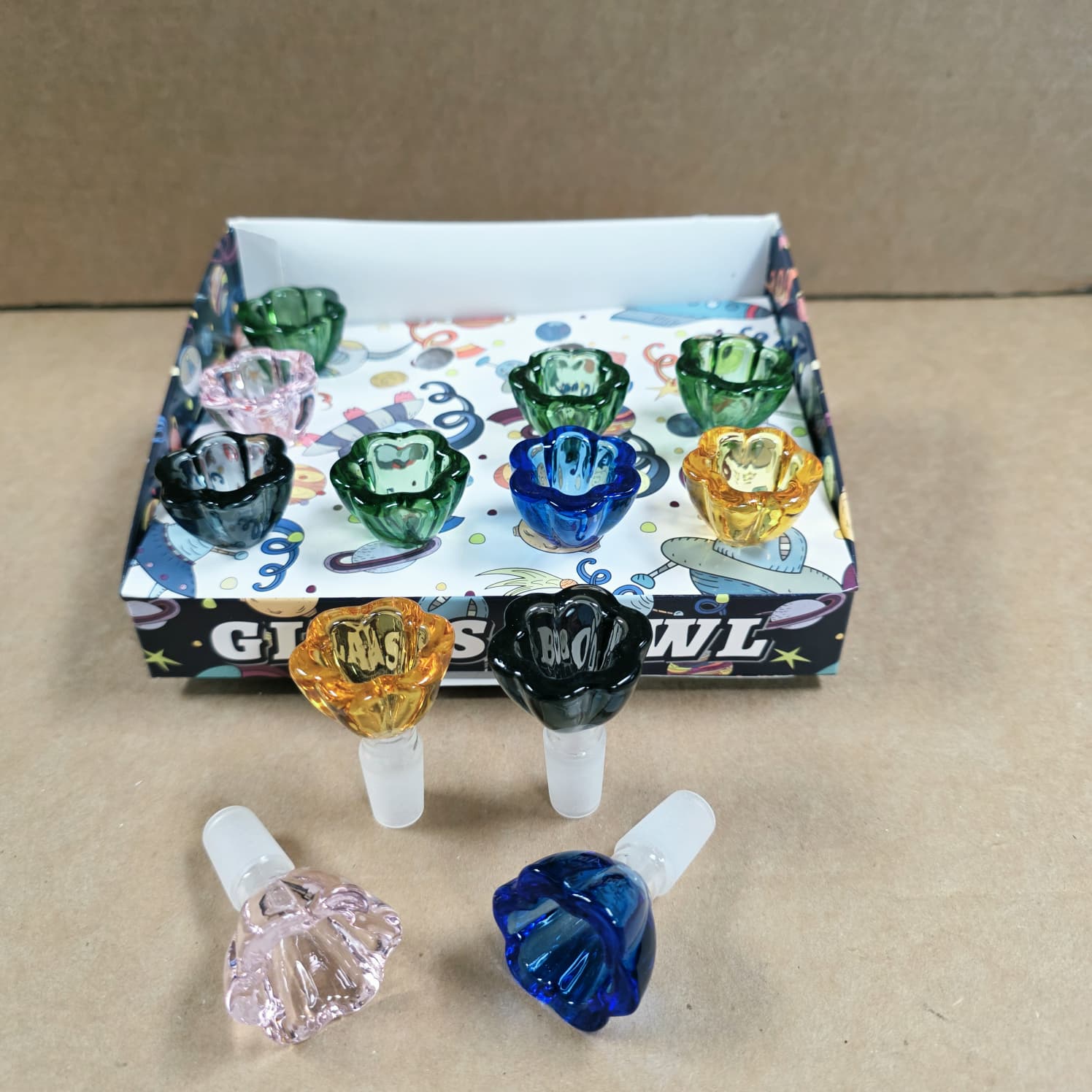 14mm MM Fancy Flower Design Glass Bowl 12 Pcs Pack