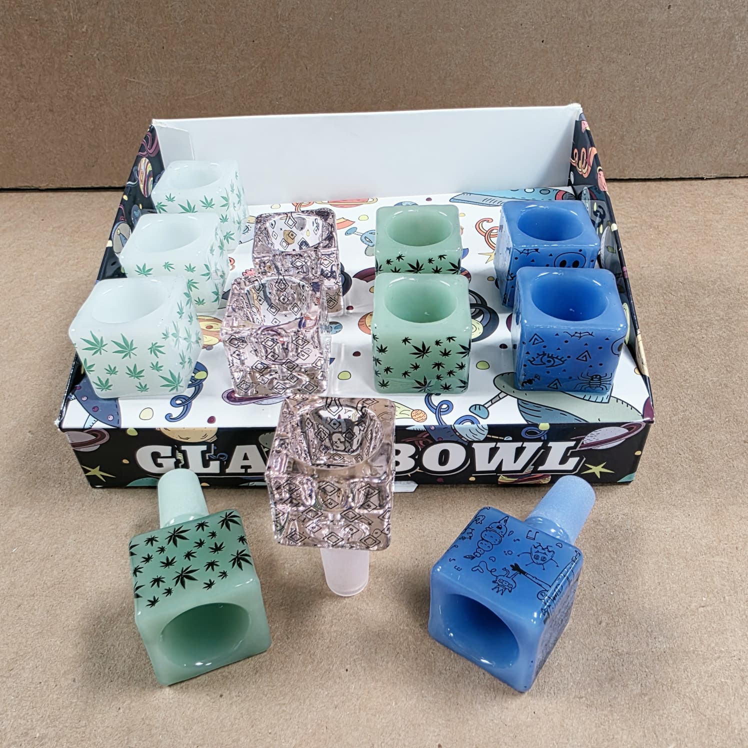 Fancy Square Shape Glass Bowl Assorted Colors 12Pcs Pack