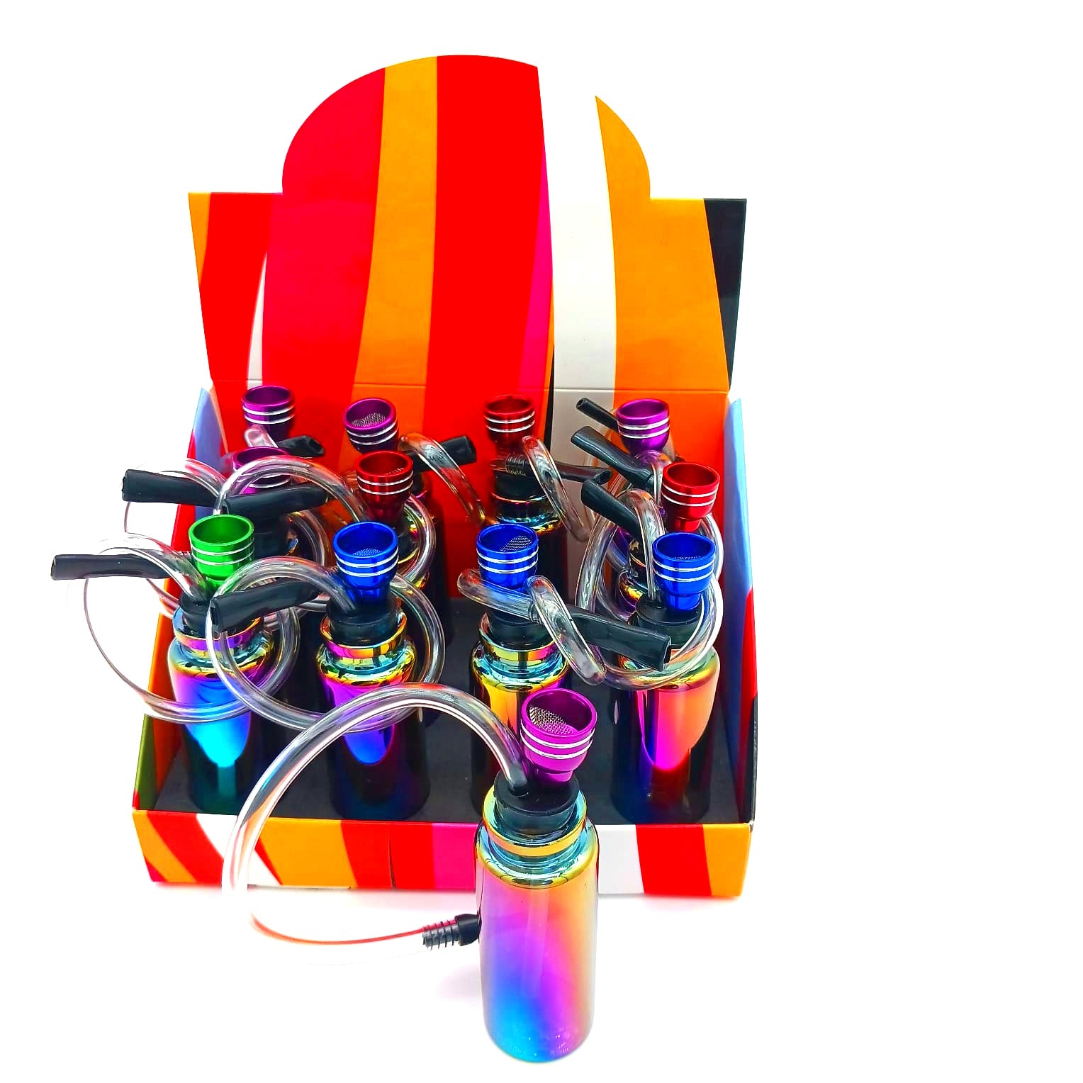 Bottle-shaped smoking pipes in rainbow colors, 12 pieces per display box