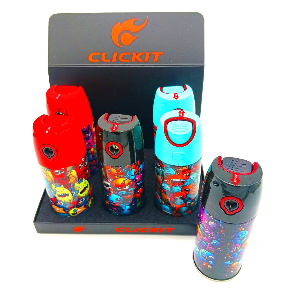 CLICKIT spray can torch lighters with monster cartoon design, 6 pieces per box