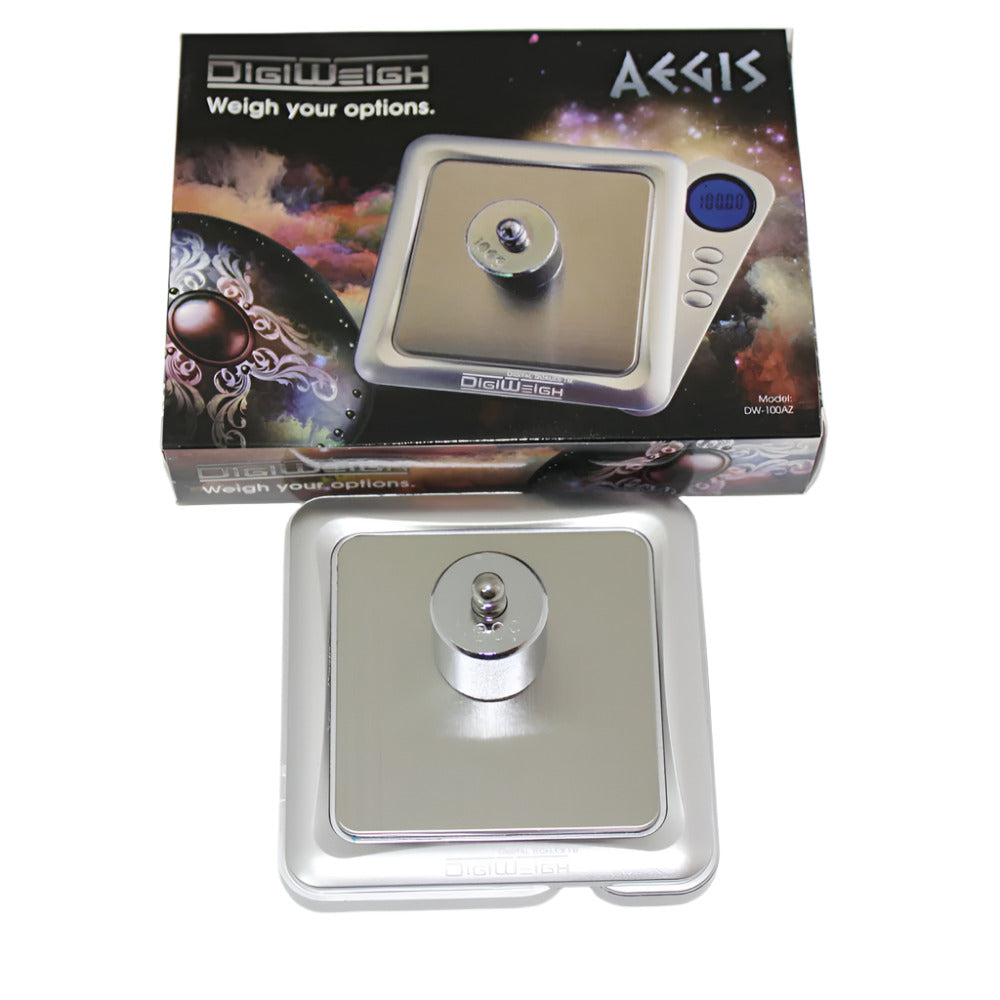 DW-100AZ DigiWeigh Digital Pocket Scale Silver with 100g capacity and 0.01g accuracy, compact design, LCD display, and precise weighing function.