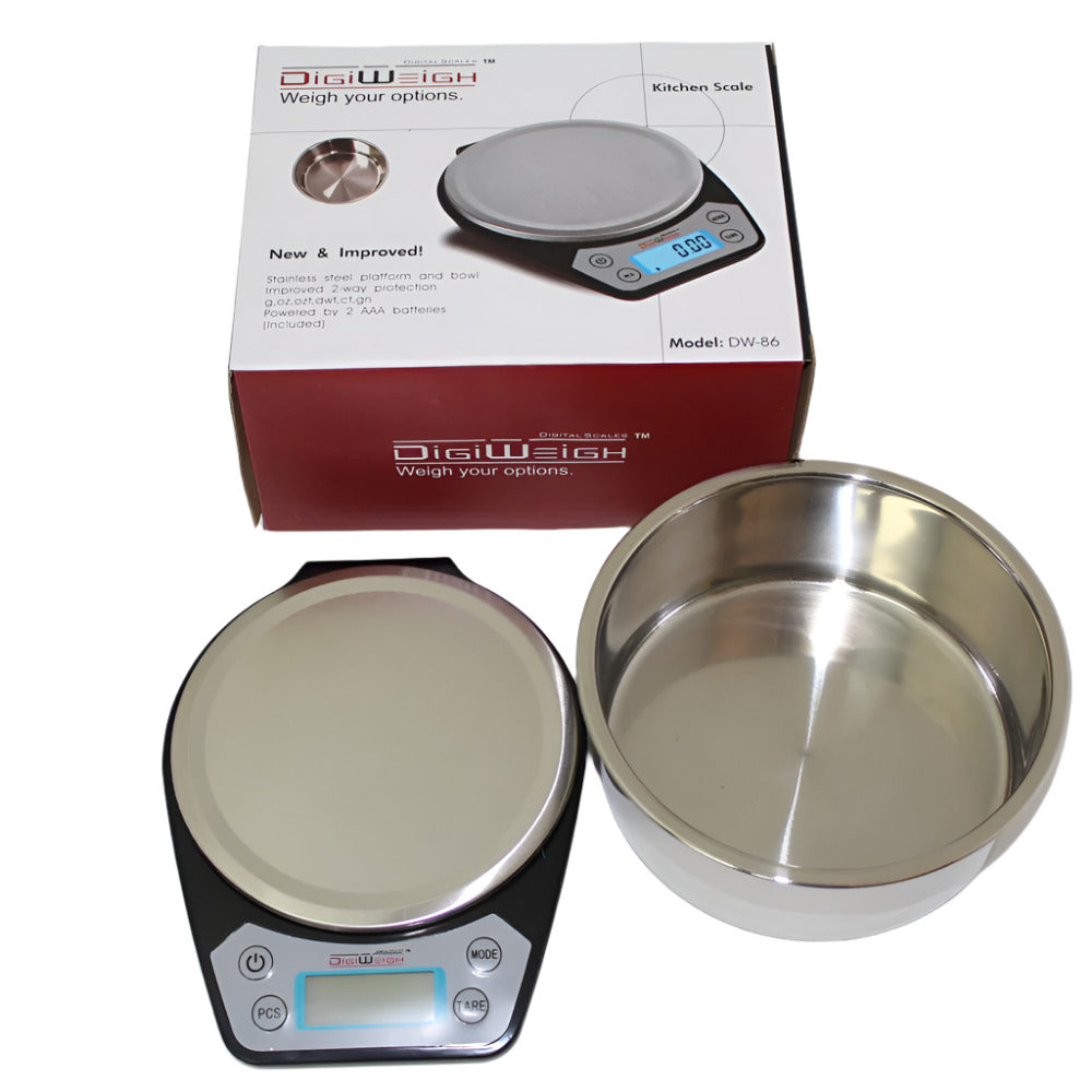 DW-86 DigiWeigh Stainless Steel Bowl Scale with 500g capacity and 0.01g accuracy, LCD display, tare function, and durable stainless steel design.