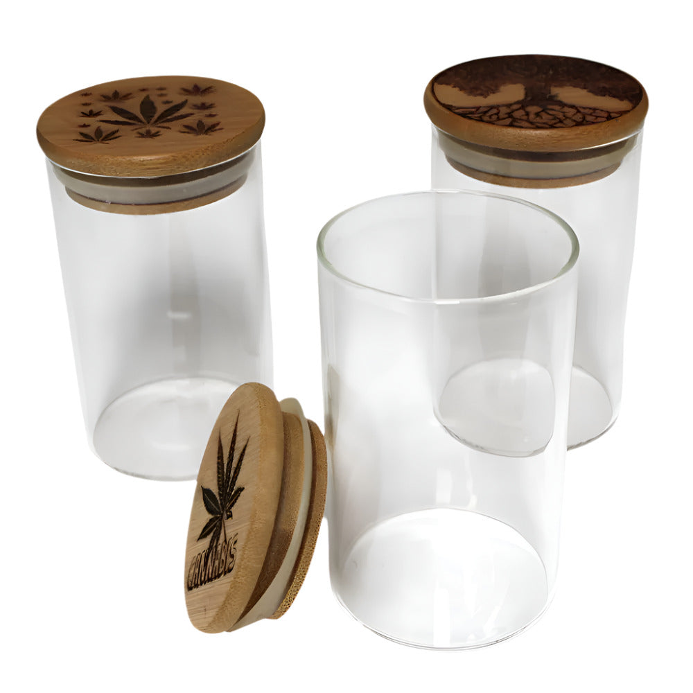 Small glass jar with bamboo lid and decorative decal design