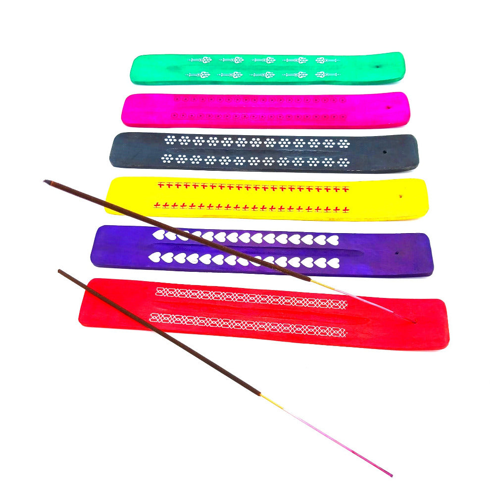 10-inch wooden incense burner in assorted colors, used for holding burning incense sticks